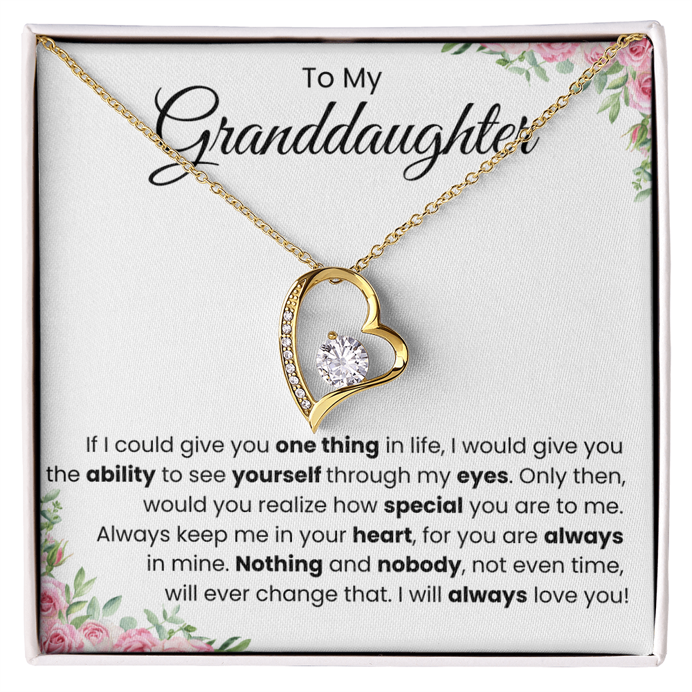 To My Granddaughter keepsake necklace, gold tone finish shown centered in frame | Evergreen Keepsakes