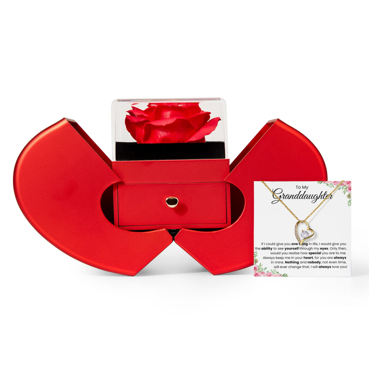 To My Granddaughter necklace with red heart keepsake case, shown with its red heart keepsake case and message card