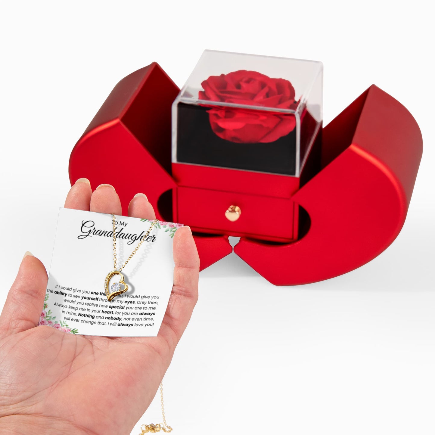 To My Granddaughter | "In Your Heart" Forever Love Keepsake Necklace with Luxury Red Heart Gift Box